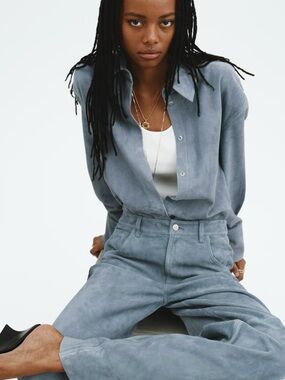 NWT H&M STUDIO COLLECTION SPRING 2026, DUSTY BLUE SUEDE SHIRT SIZE S, MSRP $419